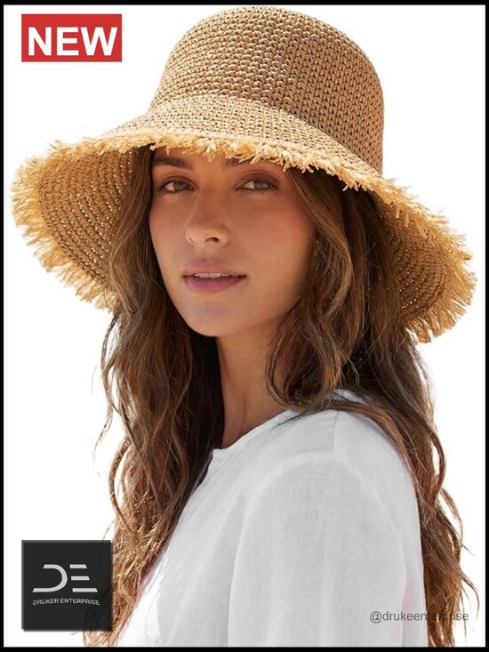 Accessories - Straw Bucket Hat with Chin Strap, UPF 50+ Packable Sun Hat
